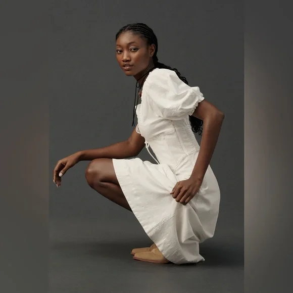 Puff-Sleeve Corset Linen Midi Dress - Picture 2 of 8